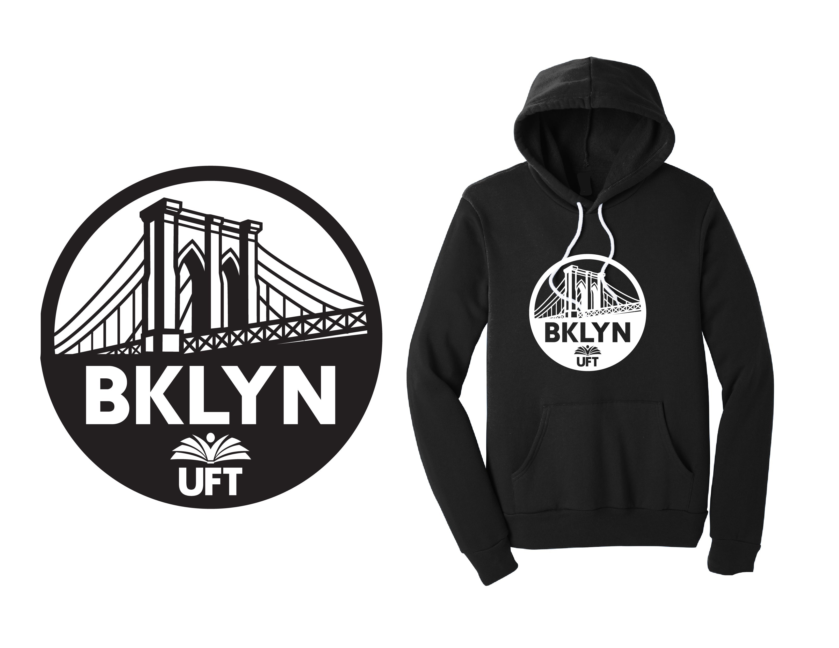Black hoodie with 'BKLYN UFT' logo on a white background
