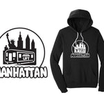 Black hoodie with 'Manhattan' graphic design on a white background