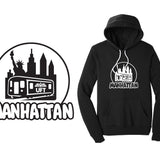 Black hoodie with 'Manhattan' graphic design on a white background