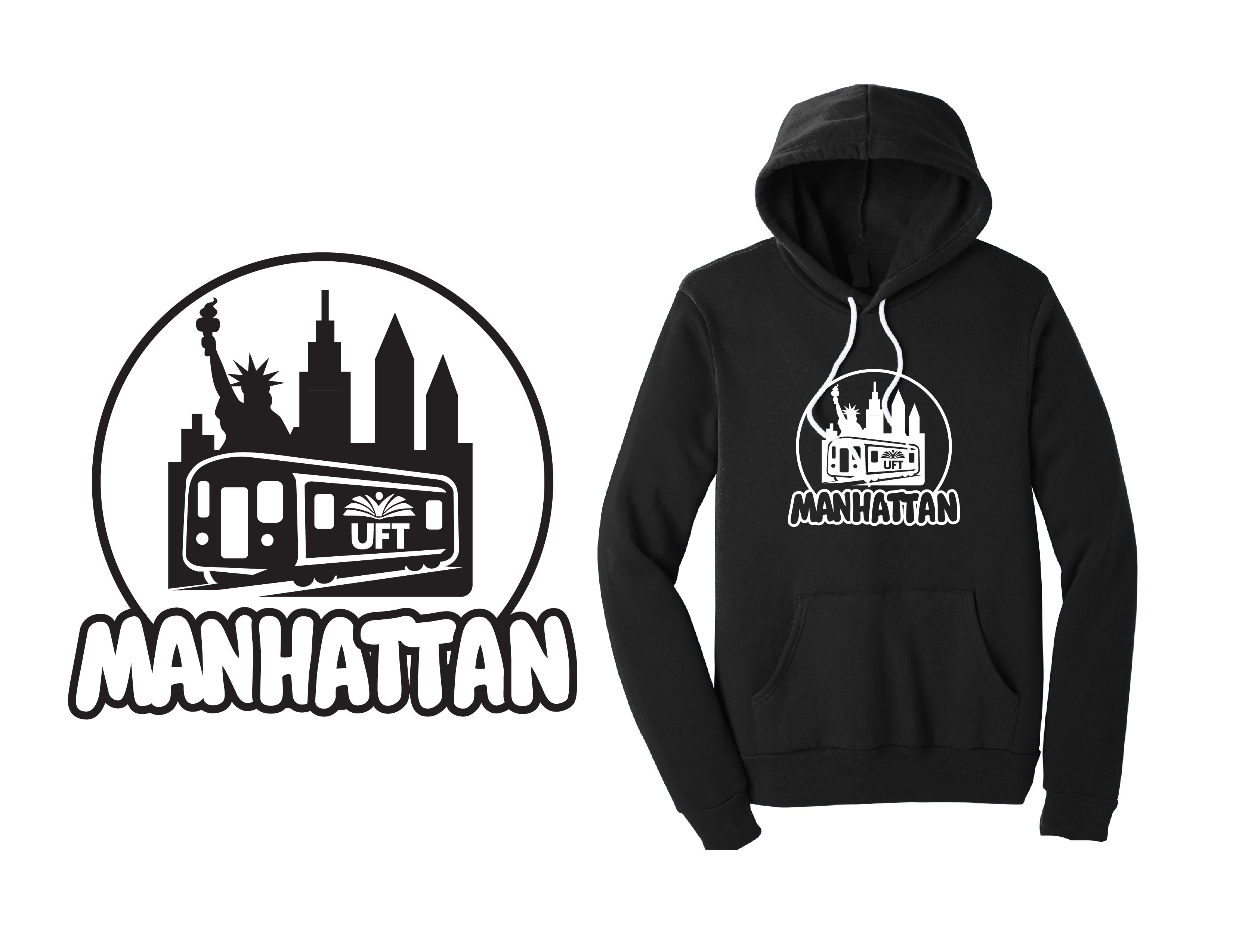 Black hoodie with 'Manhattan' graphic design on a white background
