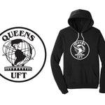 Black hoodie with 'Queens UFT' logo on a white background