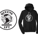 Black hoodie with 'Queens UFT' logo on a white background