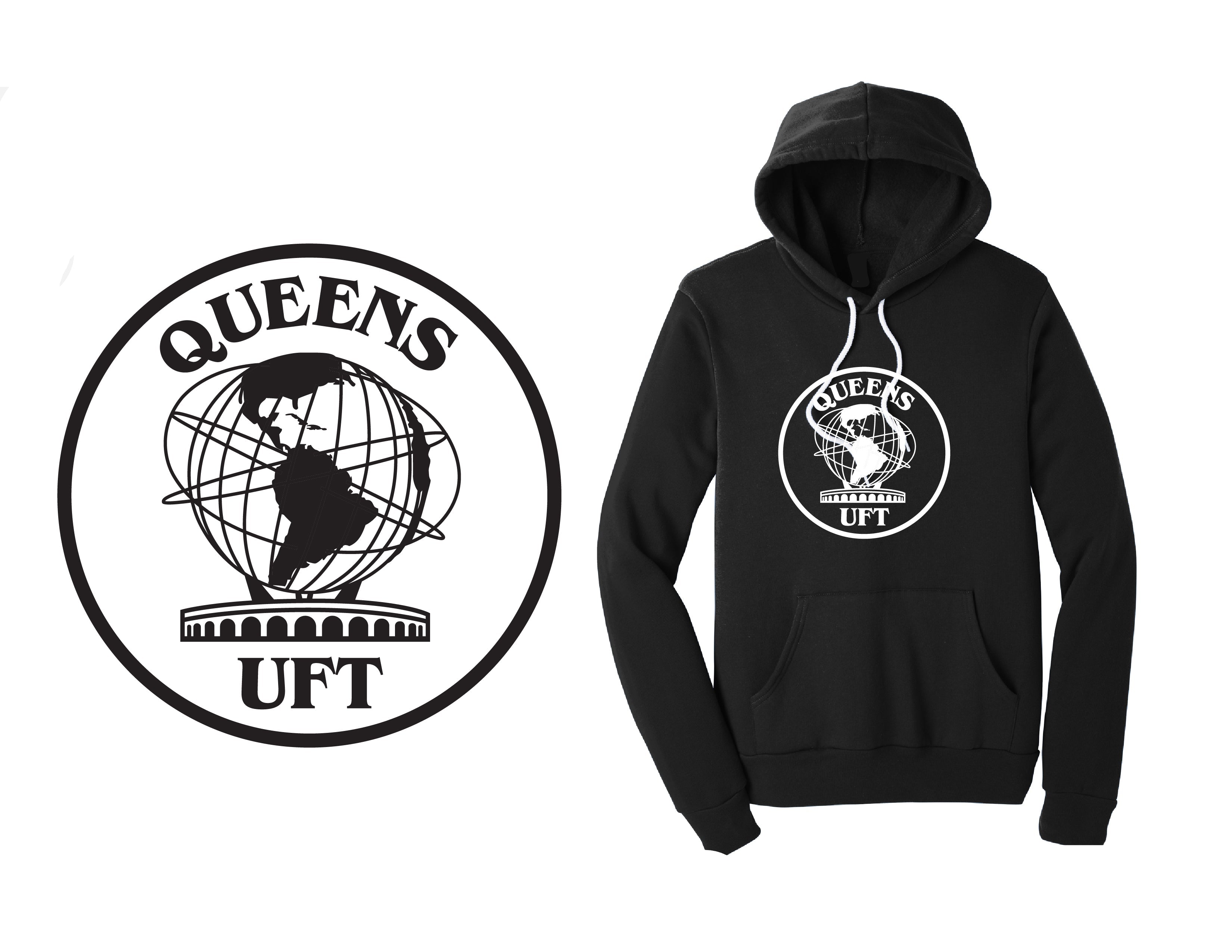 Black hoodie with 'Queens UFT' logo on a white background