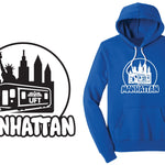 Blue hoodie with 'Manhattan' design on a white background