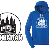 Blue hoodie with 'Manhattan' design on a white background