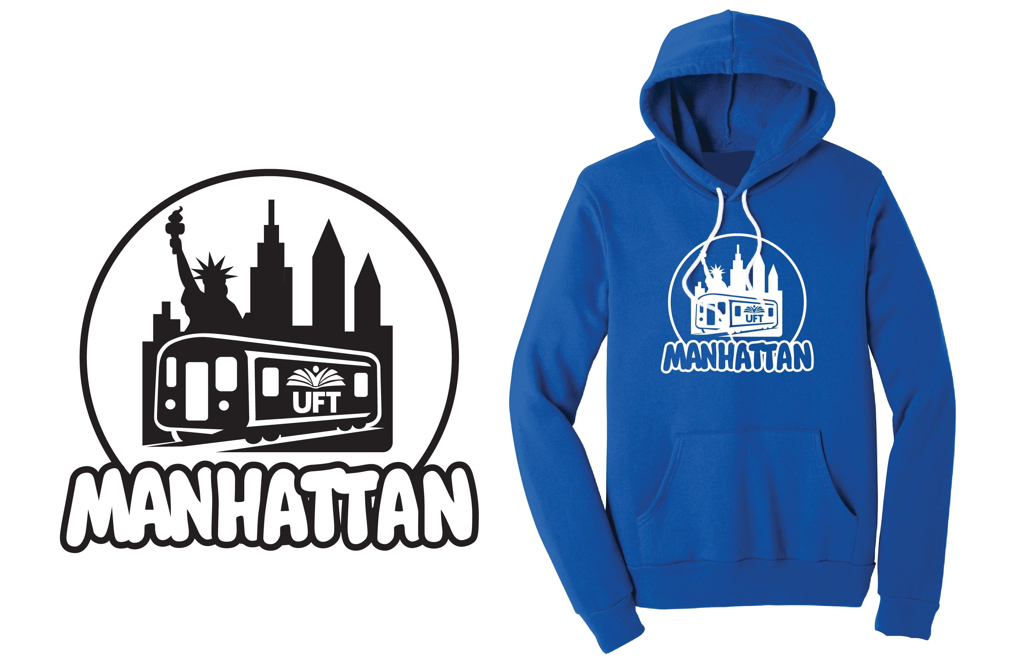 Blue hoodie with 'Manhattan' design on a white background