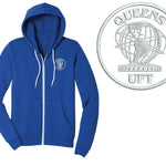 Blue hoodie with a logo on a white background, next to a silver logo with 'Queens UFT' text.