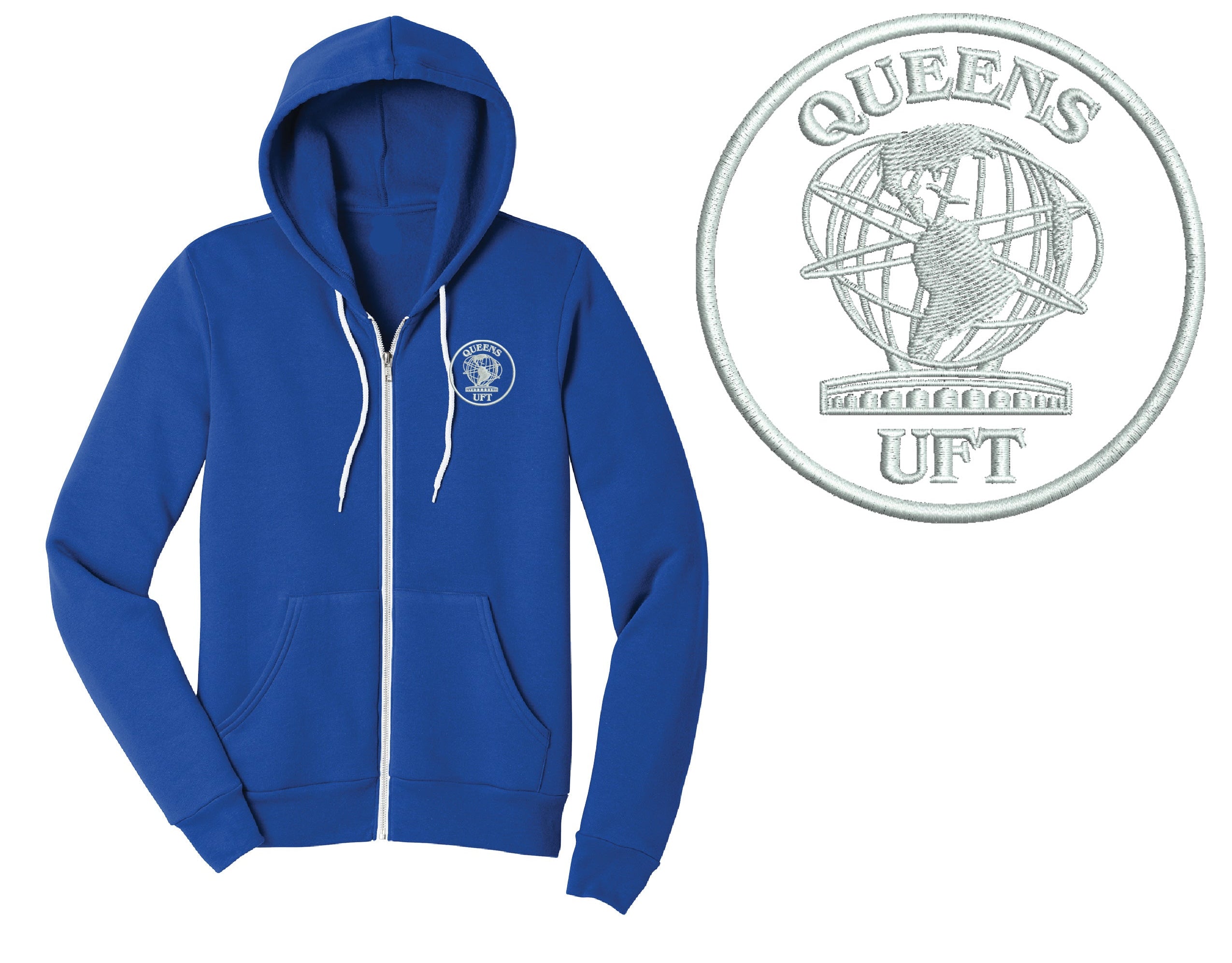 Blue hoodie with a logo on a white background, next to a silver logo with 'Queens UFT' text.