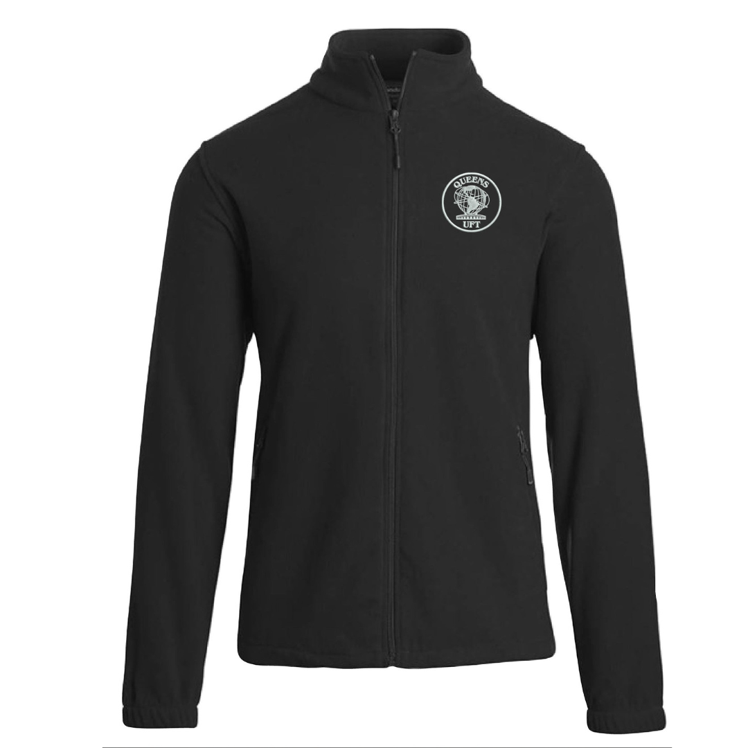 Black jacket with a logo on the chest against a white background