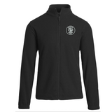 Black jacket with a logo on the chest against a white background