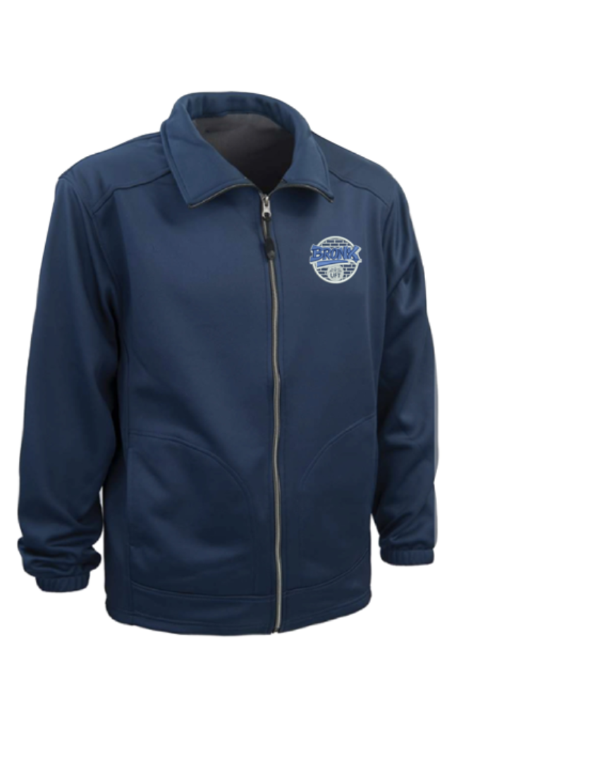 Navy blue jacket with a logo on a white background, featuring the word 'Bronx' and 'UFT'.