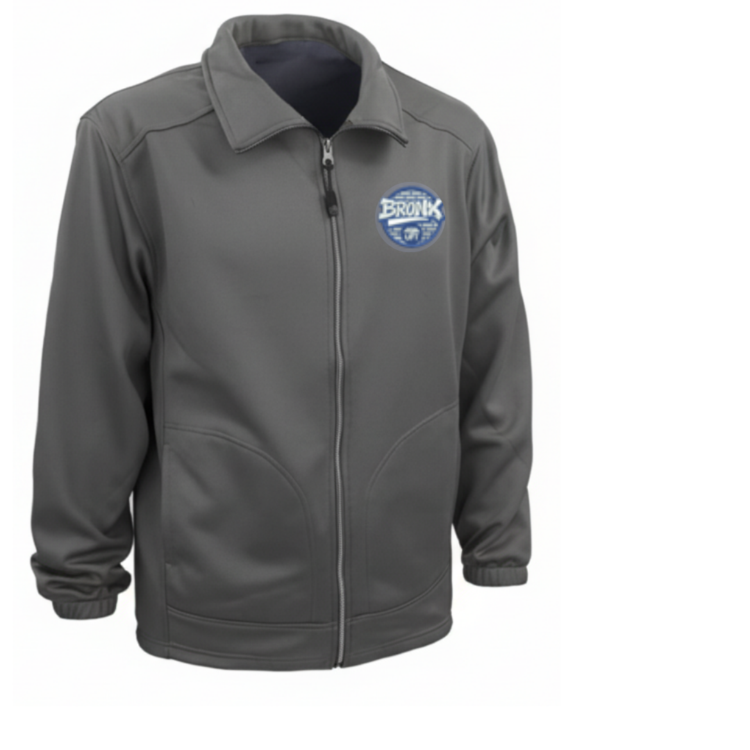 Gray jacket with a logo on the chest against a white background