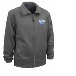 Gray jacket with a logo on the chest against a white background