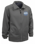 Gray jacket with a logo on the chest against a white background