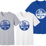 Three t-shirts in gray, white, and blue with 'BKLYN UFT' logo on a white background.
