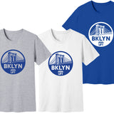 Three t-shirts in gray, white, and blue with 'BKLYN UFT' logo on a white background.