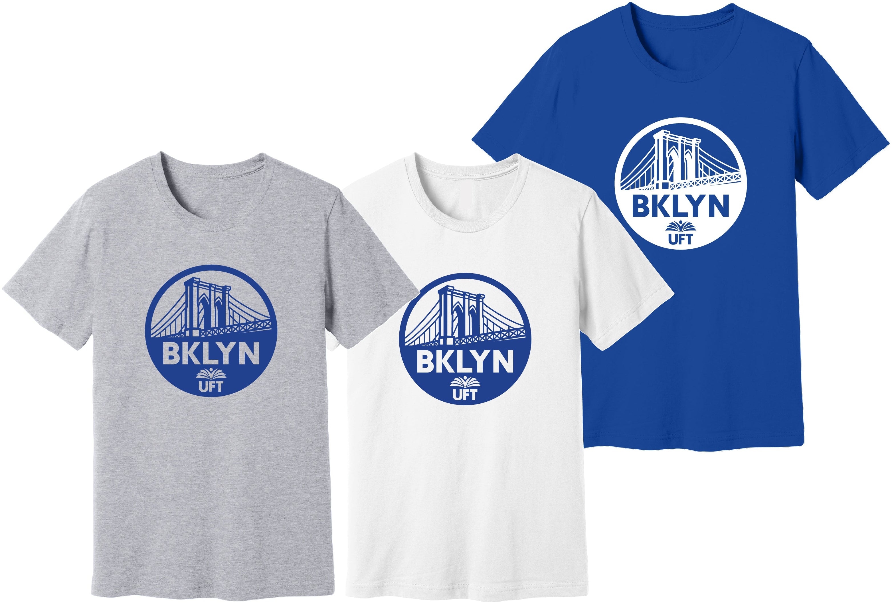 Three t-shirts in gray, white, and blue with 'BKLYN UFT' logo on a white background.