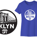 Blue t-shirt with Brooklyn Bridge design and 'BKLYN UFT' text on a white background