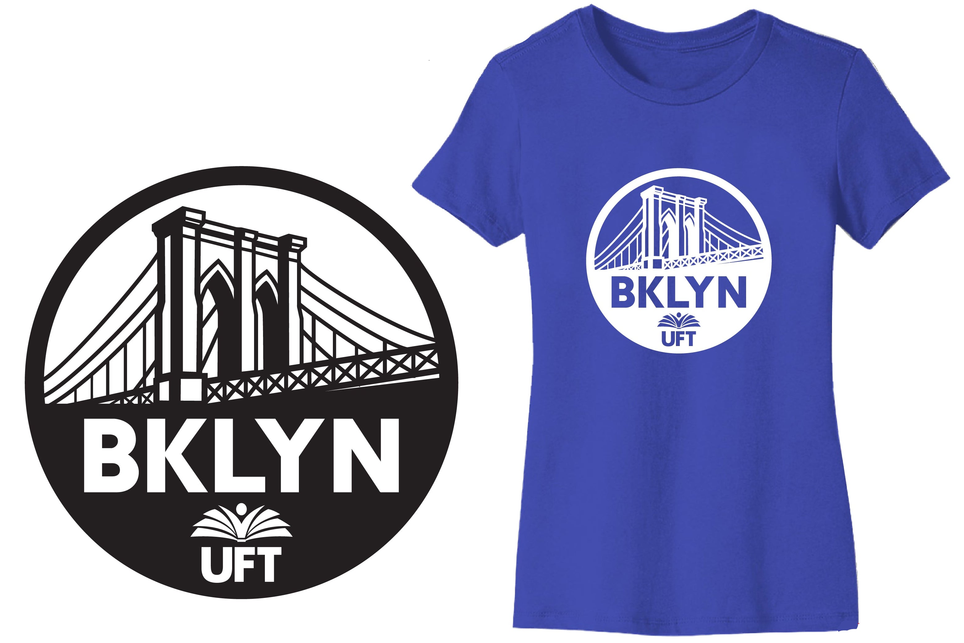 Blue t-shirt with Brooklyn Bridge design and 'BKLYN UFT' text on a white background