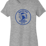 Gray t-shirts with 'Queens UFT' logo on a white background