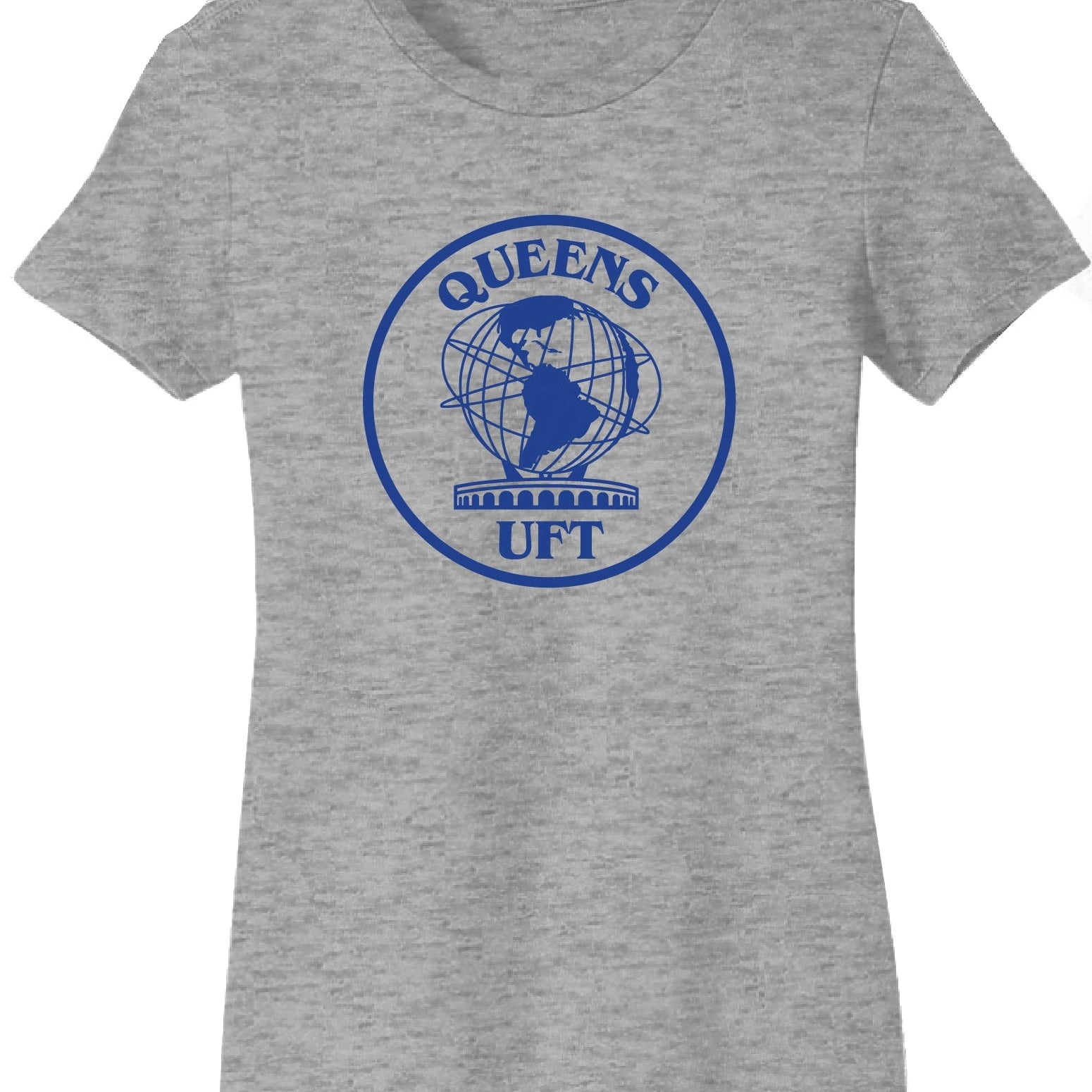 Gray t-shirts with 'Queens UFT' logo on a white background
