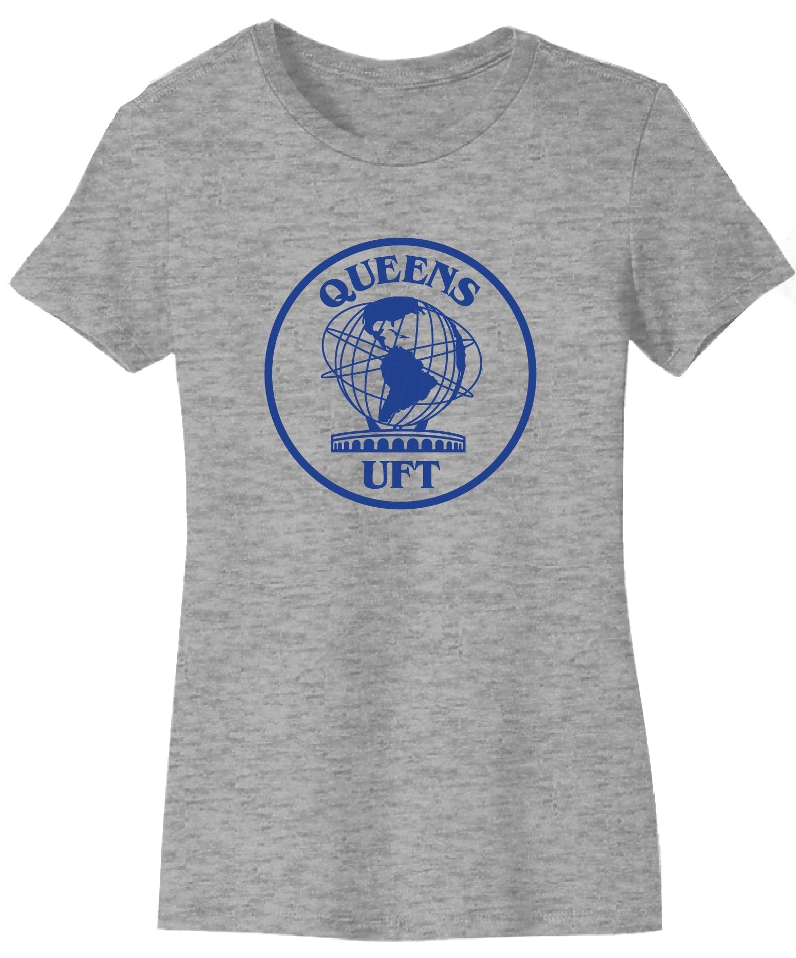 Gray t-shirts with 'Queens UFT' logo on a white background