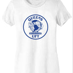 White t-shirts with 'Queens UFT' logo on a white background