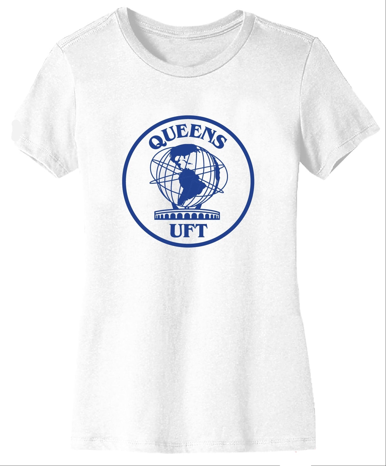 White t-shirts with 'Queens UFT' logo on a white background