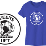 Blue t-shirt with 'Queens UFT' design on a white background