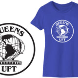 Blue t-shirt with 'Queens UFT' design on a white background