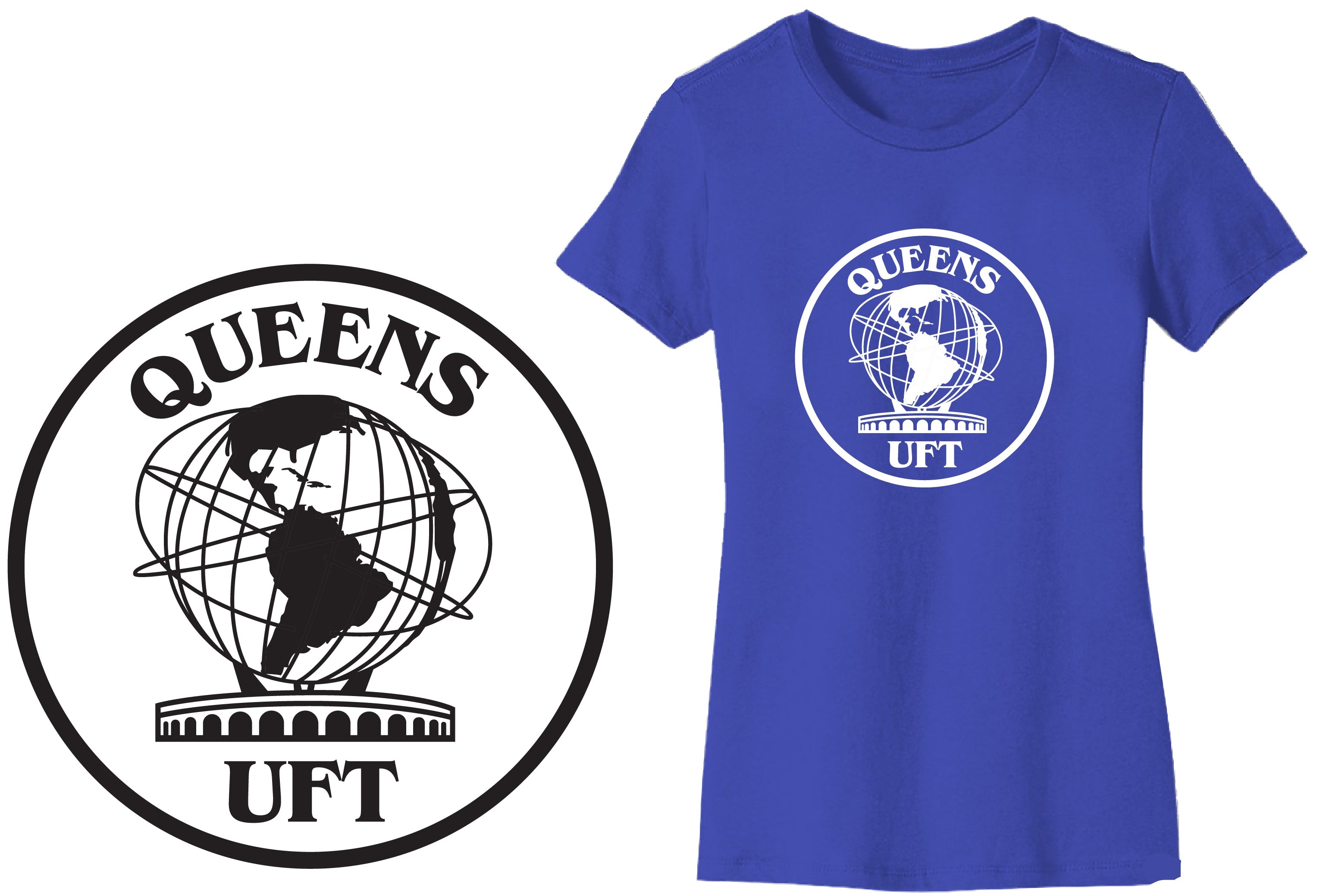 Blue t-shirt with 'Queens UFT' design on a white background